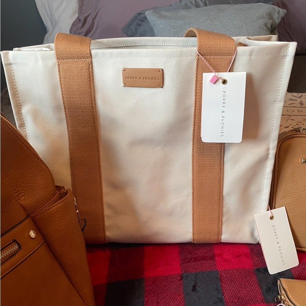 Poppy & Peonies Cream and Tan Tote Bag